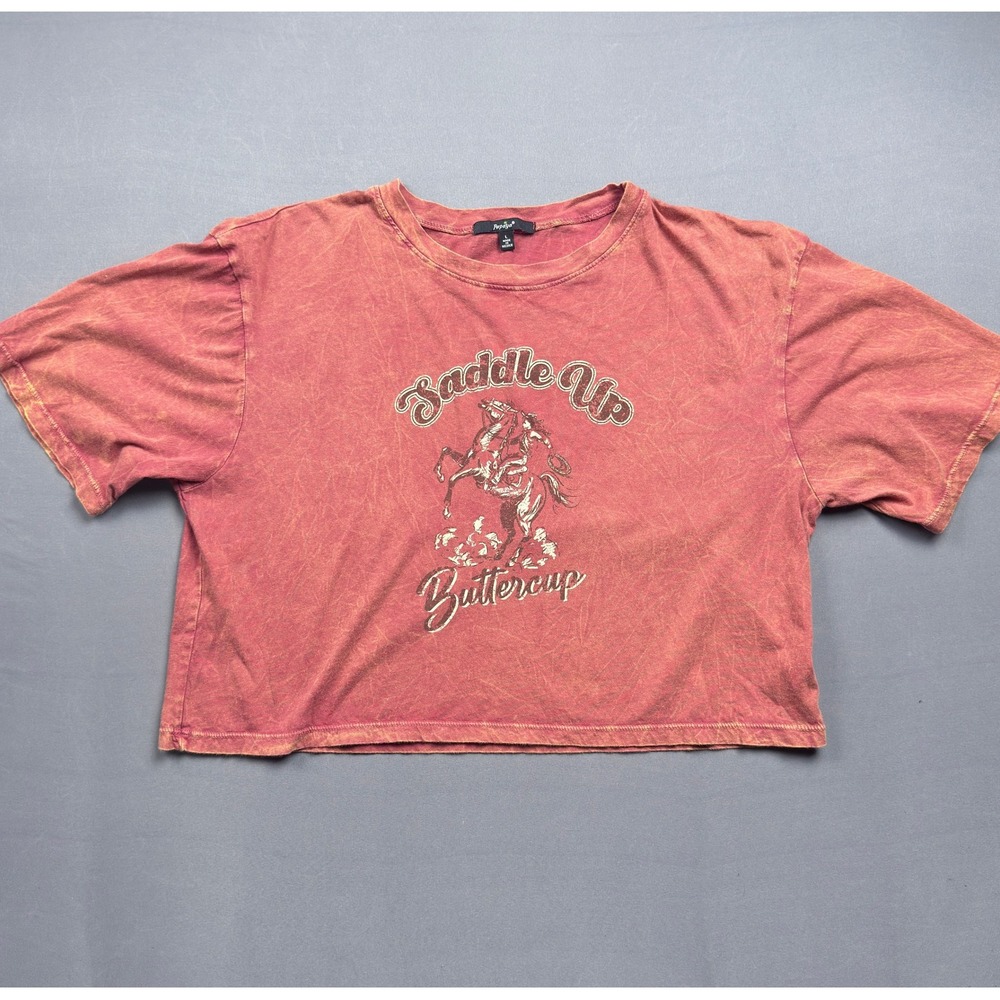Saddle Up Buttercup Graphic T Shirt‎ Papaya Womens Large Crop Top